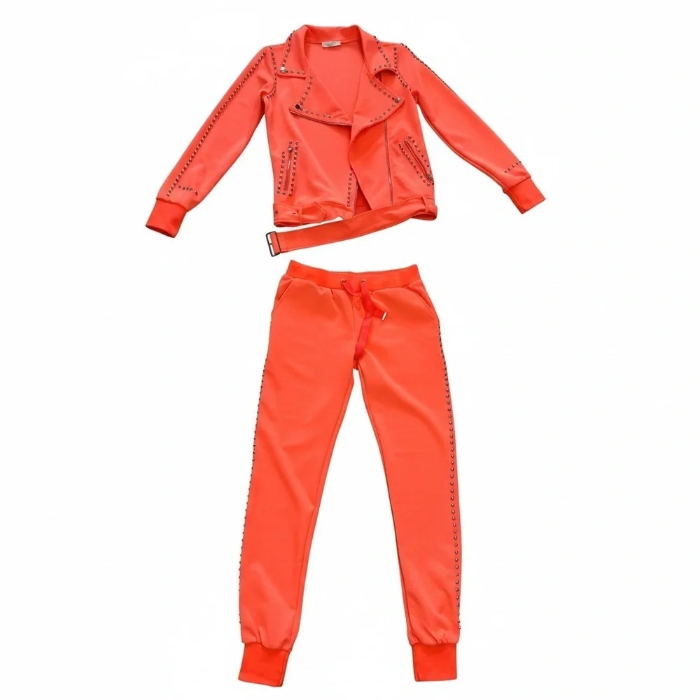 Women's Orange Studded Moto Jogger Set